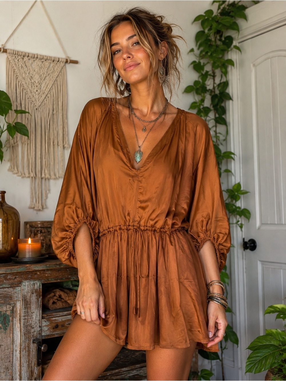 Peach Love California Rust Brown V-Neck Mini Dress
